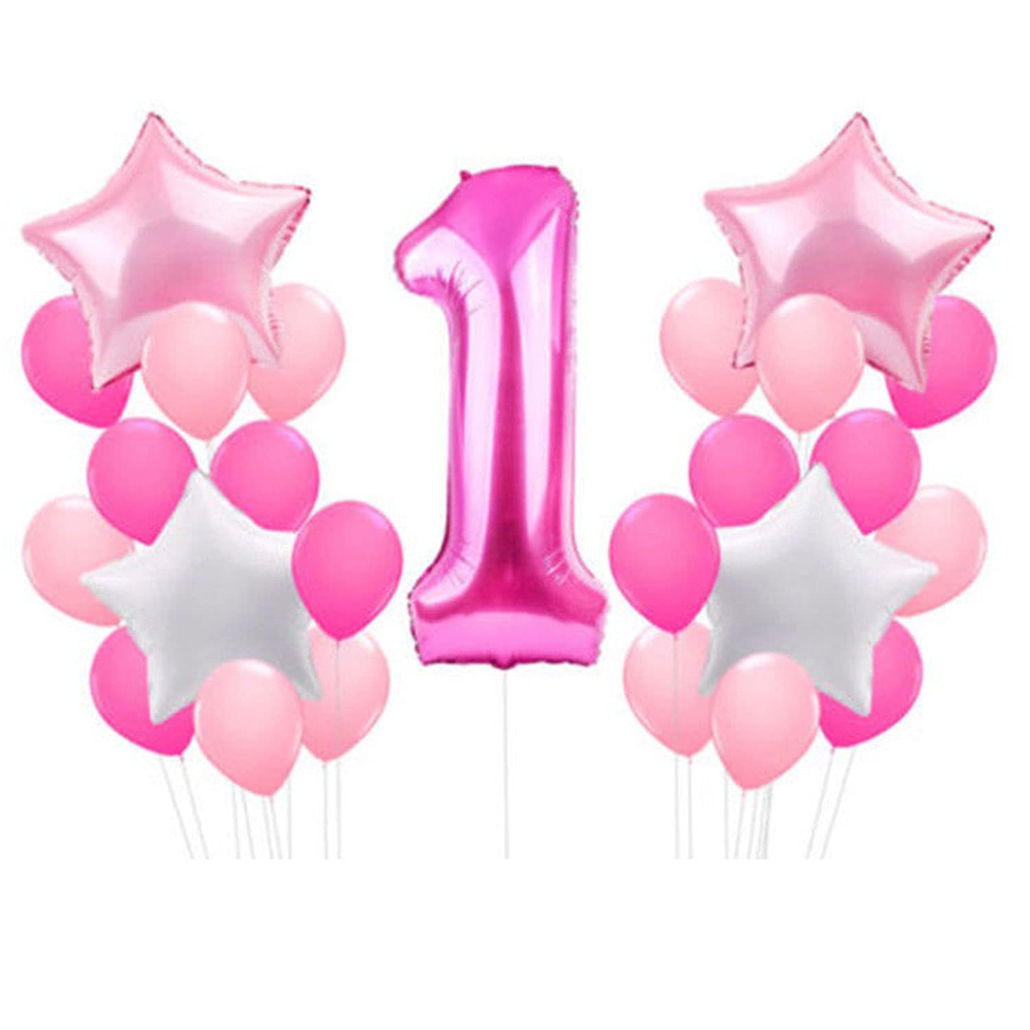 Baby Girl 1st Birthday Decorations Kit, Pink Party Decoration Set, Large Helium Foil Number 1 Balloon Pink White Latex Balloon for Birthday Party Supplies, Baby Baptism, Christening Party Decor, 25pcs