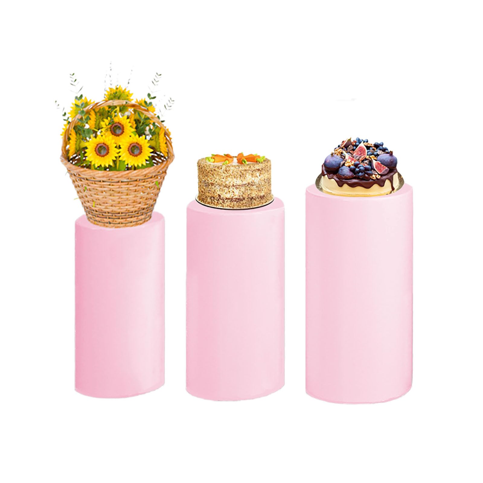 Photo 1 of MSINMINW Cylinder Pedestal Stand Covers, 3 Pcs Spandex Cylinder Covers Decor Anti-Scratch Elastic Cloth Pillar Plinth Cover for Wedding Graduation Ceremony Decor (Light Pink, L+M+S)