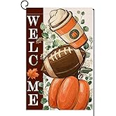 BLKWHT Fall Football Pumpkin Garden Flag 12x18 Vertical Double Sided Maple Leaves Welcome Autumn Thanksgiving Holiday Outside Decorations Burlap Yard Flag BW831