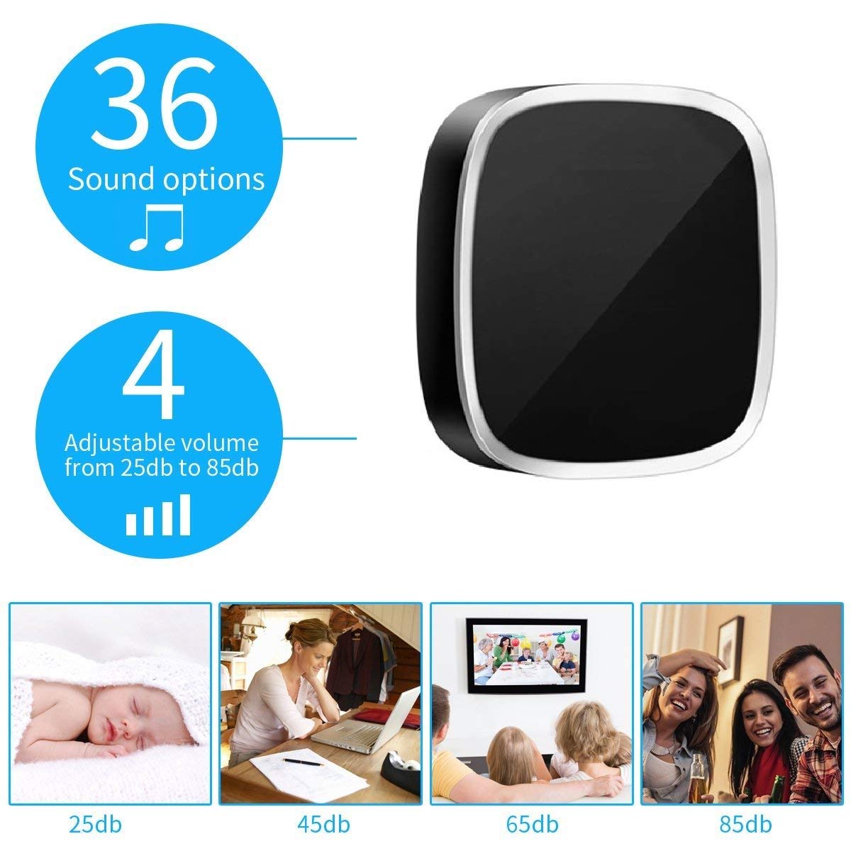 Wireless Doorbell, Waterproof Door Bell, Wall Plug-in Cordless Chime with 300m/1000ft Range, 36 Chimes, 4 Level Volume & LED Flash, 1 Push Button Transmitter & 1 Plug-in Receiver