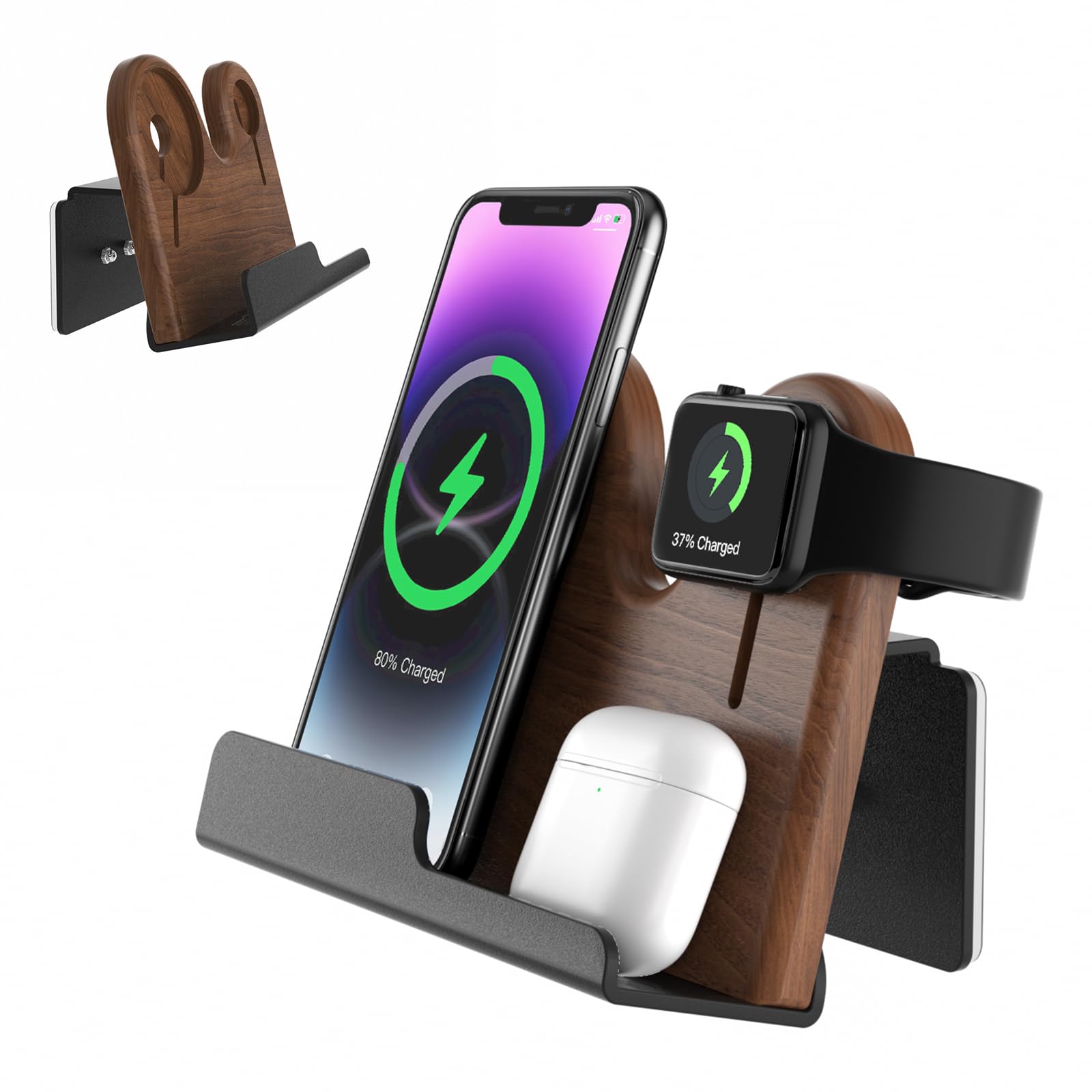 Photo 1 of 3 in 1 Wall Mount Compatible with magsafe Charger Stand?Wood Phone Holder for iPhone 15/15 Pro/14/13/12 Series, Compatible with Apple Watch, AirPods, Magsafe Accessories[MagSafe Charger Not Included]