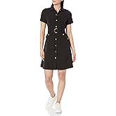 Sharagano Womens Button-up Shirt Dress with Belt and Angled Front Pockets
