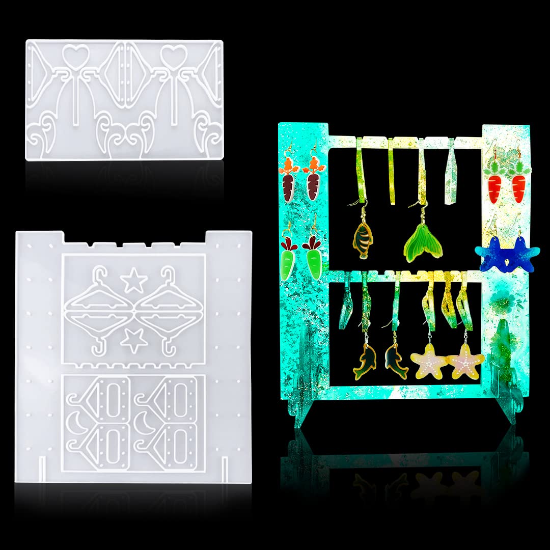 Zayookey 2 Pcs Silicone Resin Molds Set Jewelry Display Stand Epoxy Molds Earring Storage Holder Resin Casting Mould for Jewelry Organizer Display Hanging Stand DIY (Jewelry Rack Mould B)