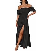 ZESICA Women's 2026 Boho Sexy Off Shoulder Short Sleeve Smocked Side Split Flowy A Line Tiered Long Maxi Dress with Pockets