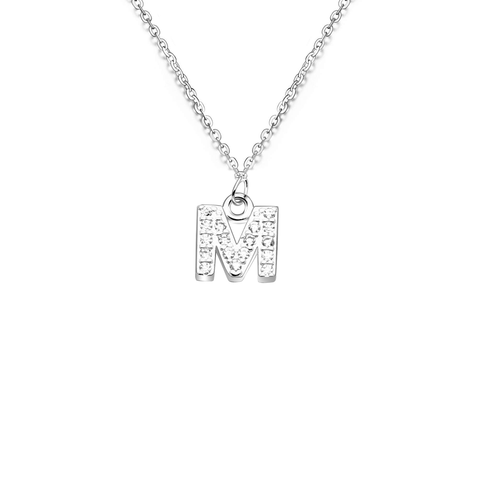 bifriend S925 Silver 26 Initial English Letter Crystal Chain Necklace For Women Girl Best Gift (M)