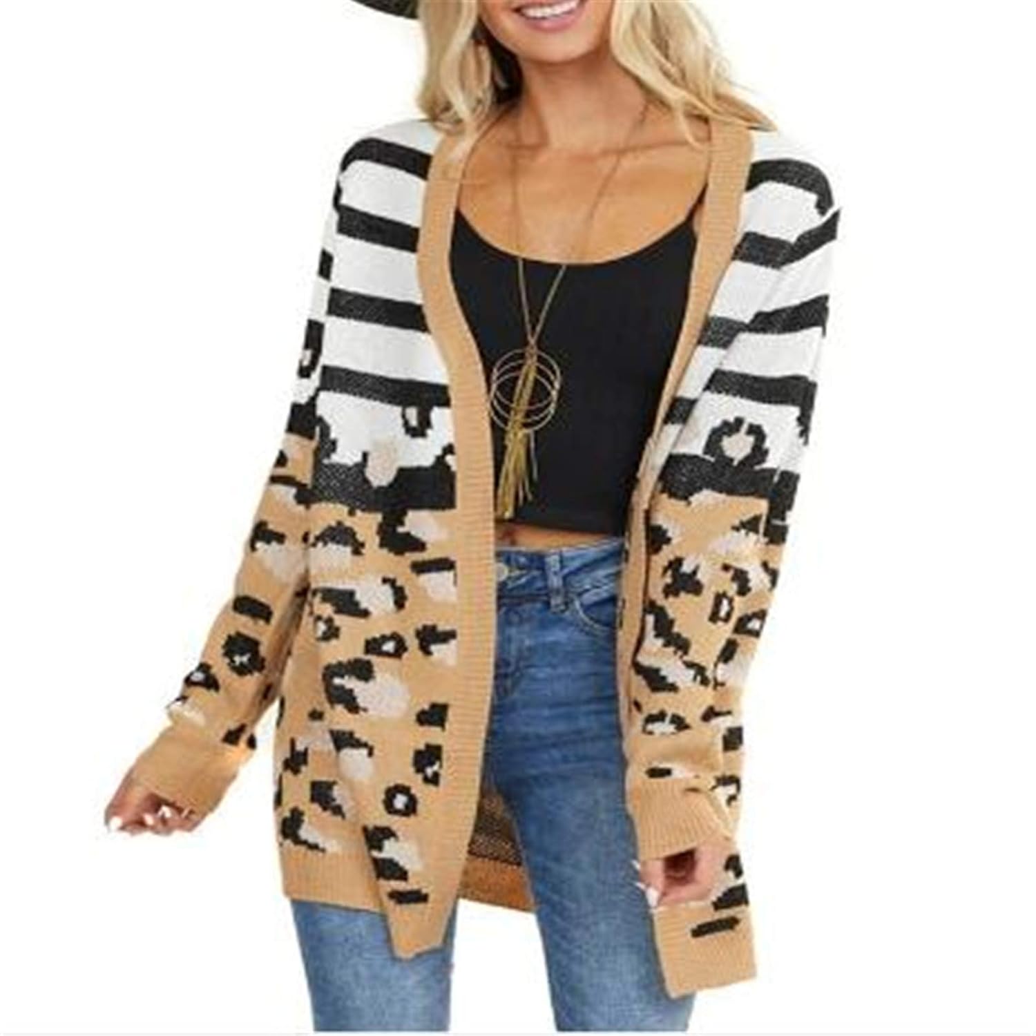 Women's Cardigan Striped Leopard Knitted Sweater Long Sleeve Sweater