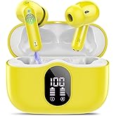 Wireless Earbuds, Bluetooth 5.4 Headphones Bass Stereo, Ear Buds with Noise Cancelling Mic, IP7 Waterproof in Ear Earphones, 36H LED Display Bluetooth Earbuds for Laptop Pad Phones, Golden Yellow