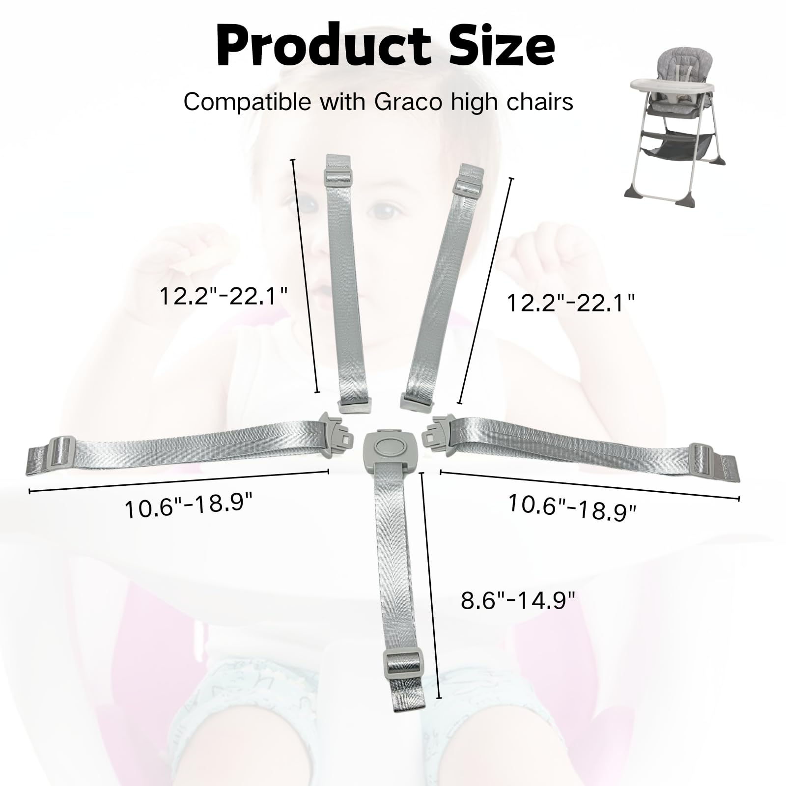 High Chair Straps Replacement Compatible with Graco, Universal 5 Point High Chair Harness Straps Adjustable Sturdy Safety Strap Belt