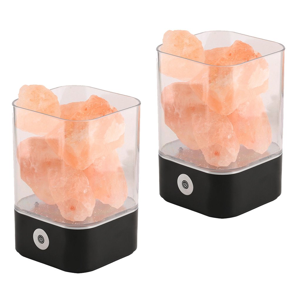 NUZAMAS Set of 2 Salt Lamp 5W Natural Himalayan Pink Crystal Therapeutic Rock Small Mineral 12V USB Light Bedroom, Office, Outdoor, Camping, Yoga Lamp, Multi-Colors (Square Black)