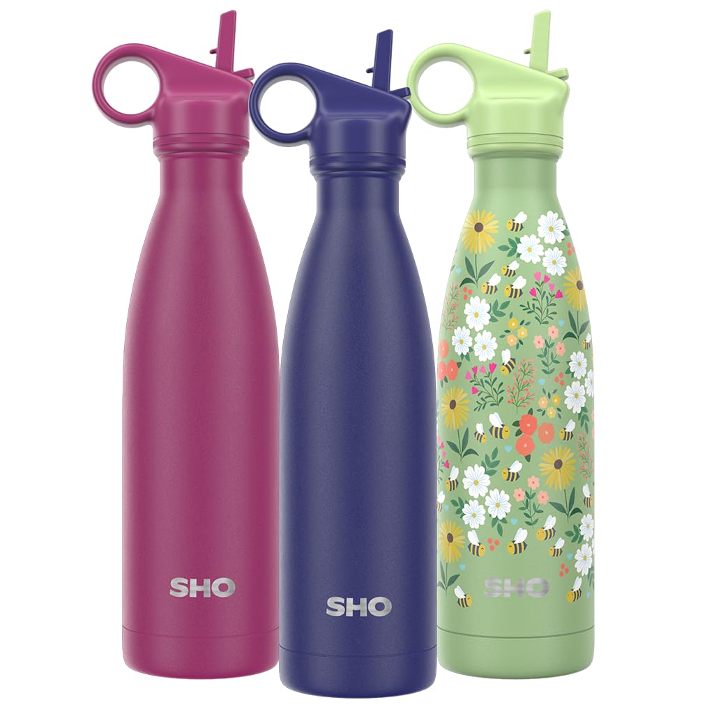 SHO Stainless Steel Water Bottle with Straw and Screw Lid - Leakproof, BPA Free, Vacuum Insulated Double Walled Metal Flask, 500ml - Original 2.0-12 Hours Hot 24 Hours Cold (500ml, Midnight Blue)