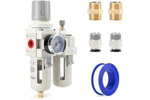 EBEIZZI 3/8" NPT Compressed Air Filter| Regulator Lubricator Combo |Water/Oil Trap Separator |Gauge(0-150 psi) | Poly Bowl | Semi-Auto Drain | Bracket - 3 in 1 Two Unit