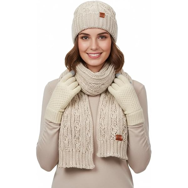 Chunky Cable Knit Beanie Scarf Gloves Set, Acrylic, One Size, Machine Washable Loritta 3-Pieces Winter Hat Neck Warmer Touchscreen Gloves  main image 4