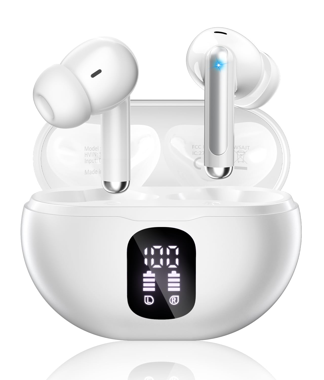 Wireless Earbuds, Bluetooth 5.4 Headphones with 50H Playback, Deep Bass Stereo Ear Buds Clear Calls with LED Power Display, IPX7 Waterproof, in-Ear Earphones with Mic for Phone/Android/iPad, White