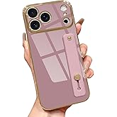 Lafunda for iPhone 17 Pro Case Cute, Luxury Gold Plated for Women Girls Elegant TPU Bumper Cover with Wrist Strap Kickstand Camera Protection Shockproof Silicone Phone Case for iPhone 17 Pro, Purple