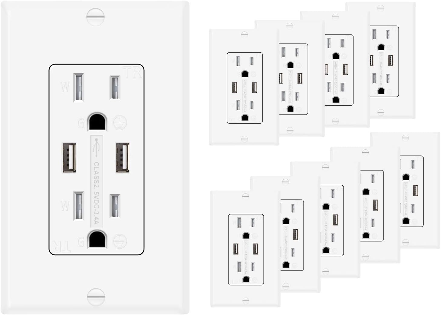 USB Outlets Receptacles, GUKIBO 10 Pack 3.4A USB Wall Outlets 15A Tamper Resistant Duplex Receptacle 125V Electrical Outlets with USB Ports - - 