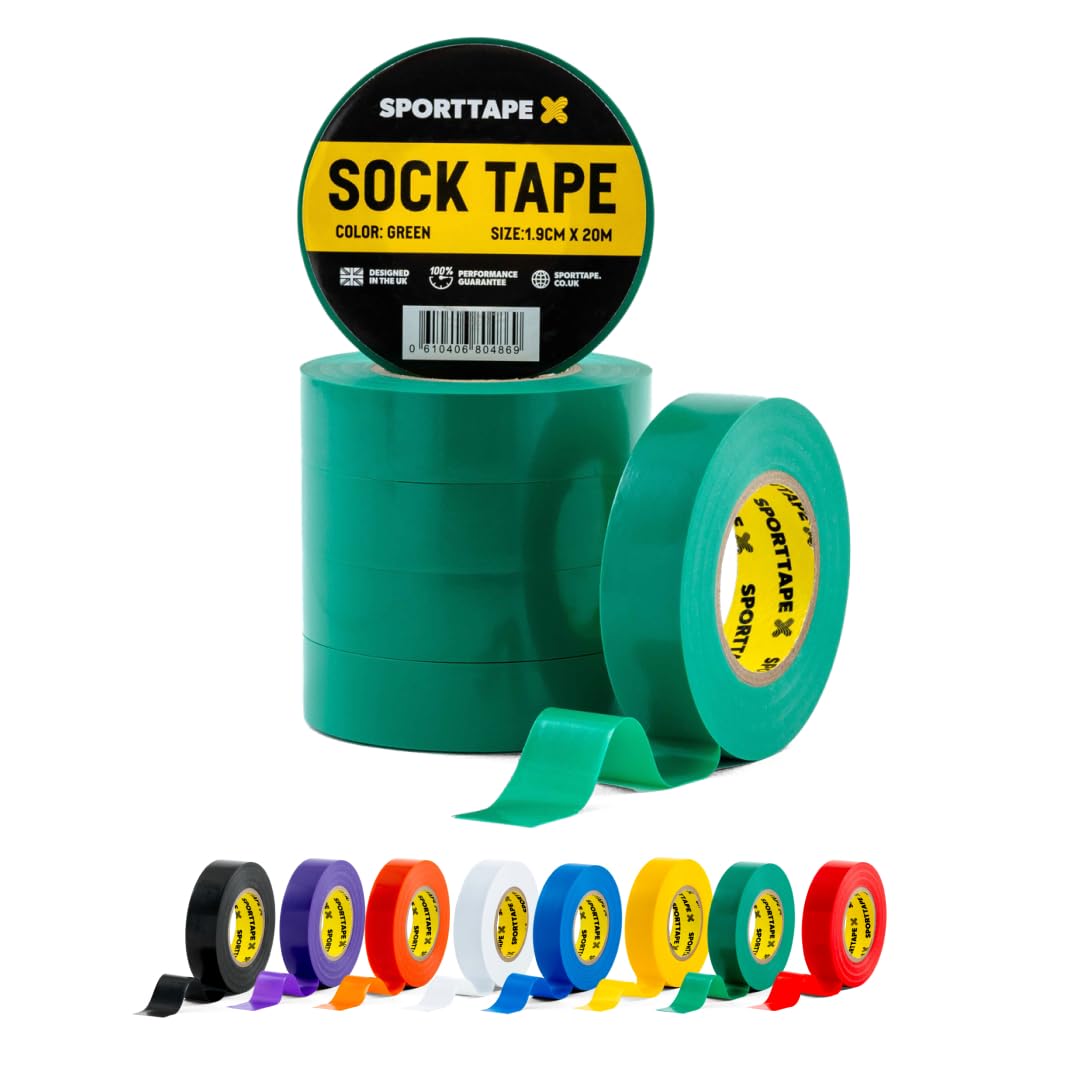 SPORTTAPE 6 Rolls Sock Tape - Green - 1.9cm x 20m | PVC Insulating Tape for Football, Soccer & Rugby - Holds up Football Socks, Shin Pads & Shin Guards | Secures Lifting Blocks, Boots & Ears