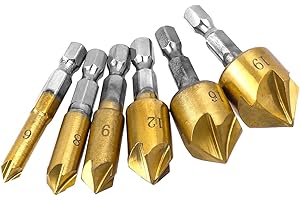 Bestgle 6 Pcs Countersink Chamfer Drill Bits Set 82 Degree Chamfering Cutter 1/4 Inch Hex Shank 5 Flutes Chamfer Tapered Bit 