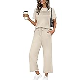 WIHOLL Two Piece Sets for Women Summer Spring Travel Vacation Outfits Short Sleeve Lounge Sets Side Slit Wide Leg Pants S-3XL