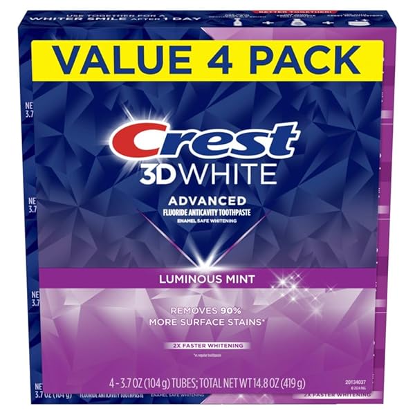 CREST 3D WHITE ADVANCED LUMINOUS MINT TEETH WHITENING TOOTHPASTE, CREST TOOTHPASTE, 3.7 OZ PACK OF 4 – HELPS REMOVE SURFACE STAINS, WHITENS TEETH, STRENGTHENS TOOTH ENAMEL, PROTECTS AGAINST CAVITIES