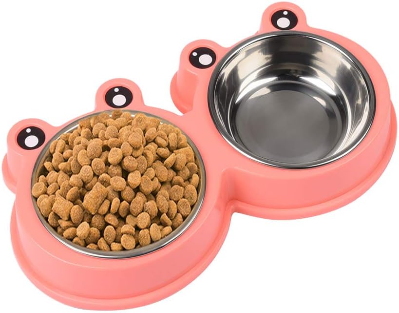 Double Dog Cat Bowl Stainless Steel Pet Feeder Food and Water Bowl Set Non-Slip Cute Modeling Cat Feeder for Small Medium Cats and Dogs Puppy Kitten, Pink