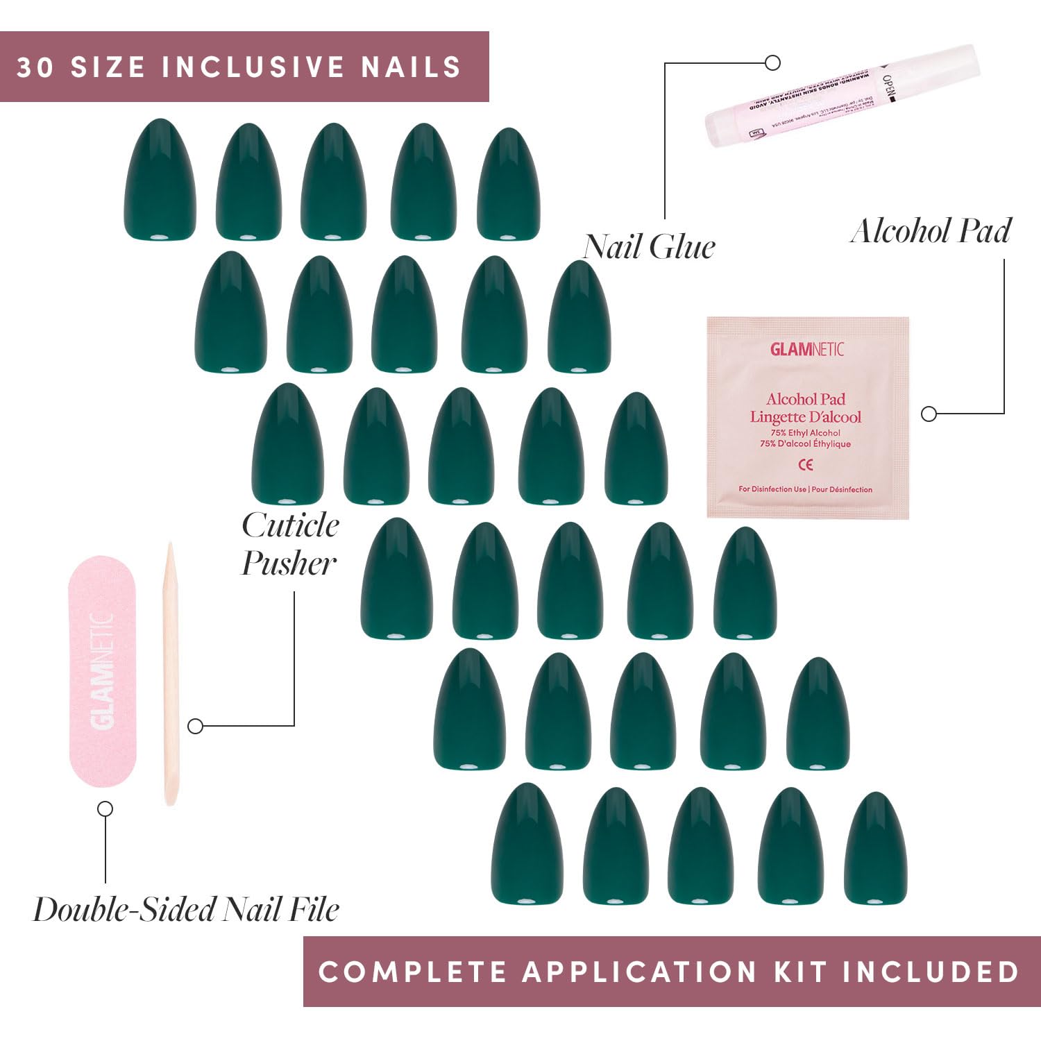 Glamnetic Press On Nails - Emerald Green | Opaque Cool Tone, Deep Emerald Green Short Almond Short Almond False Nails, Reusable Stick On Fake Nails with Glue | Salon Quality | 15 Sizes - 30 Nail Kit - Image 4