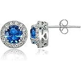 Sterling Silver Simulated Gemstone and CZ Accents Round Halo Stud Earrings