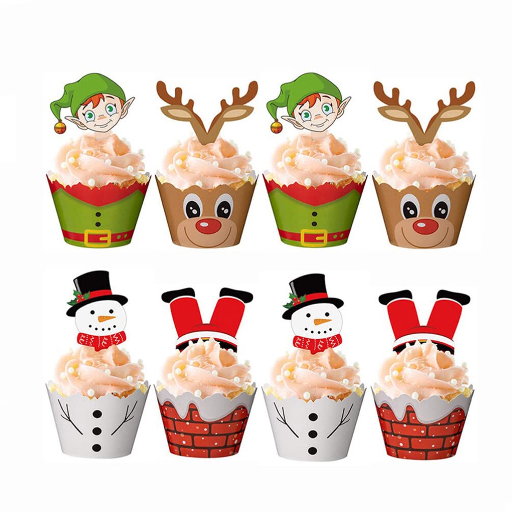 Amosfun 24PCS Christmas Cupcake Toppers Christmas Santa Claus Snowman Elf Cupcake Cups Cases Cupcake Decorations