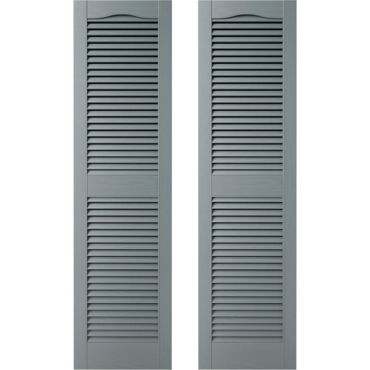 Photo 1 of 14.5 in. W x 64 in. H Builders Edge, Standard Cathedral Top Center Mullion, Open Louver Shutters, Includes Matching Installation Spikes (Per Pair), 419 - Storm Cloud