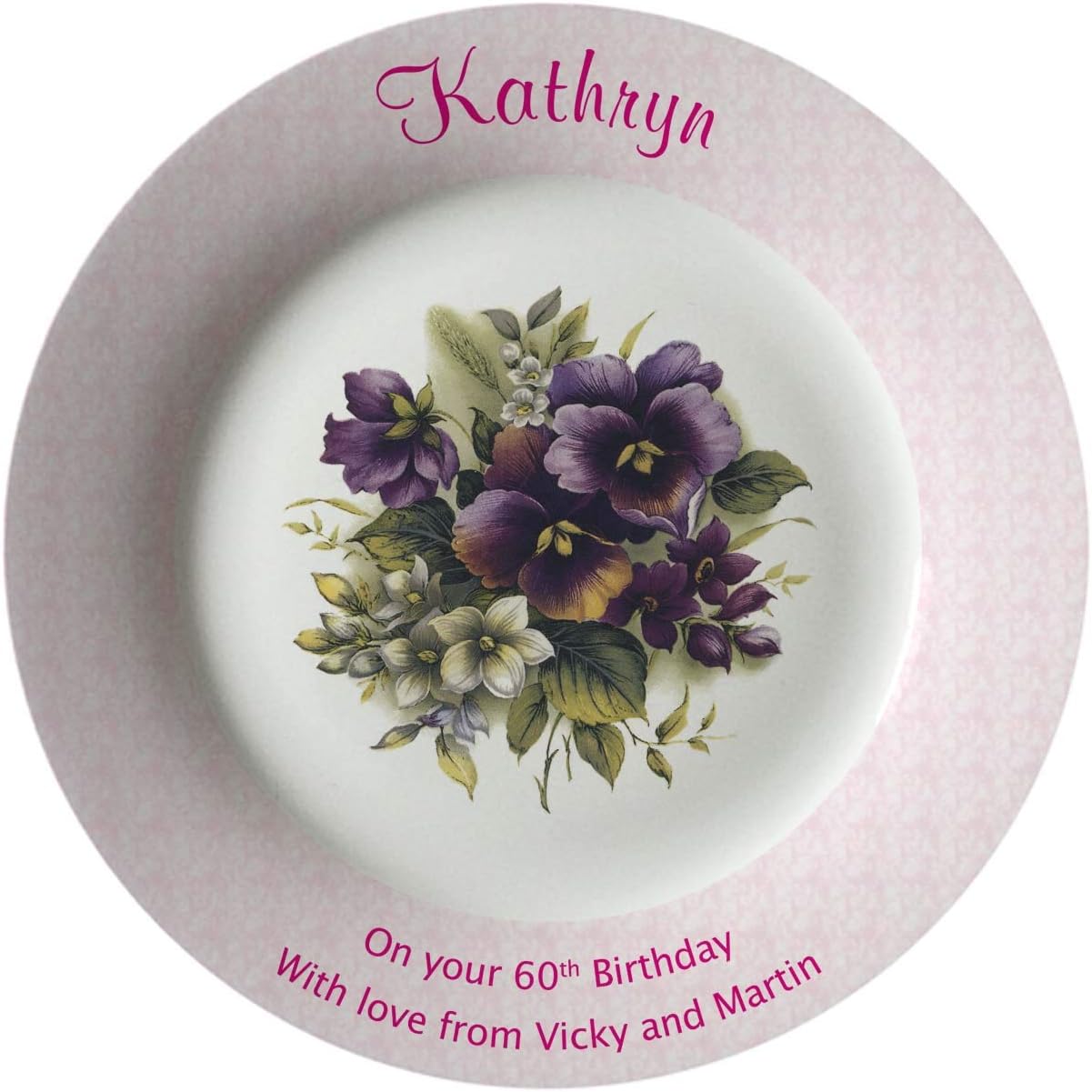 All About Names Personalised 60th Birthday Gift - Bone China Commemorative Plate With Pansies Design - PinkRim - Now With A Choice Of Fonts