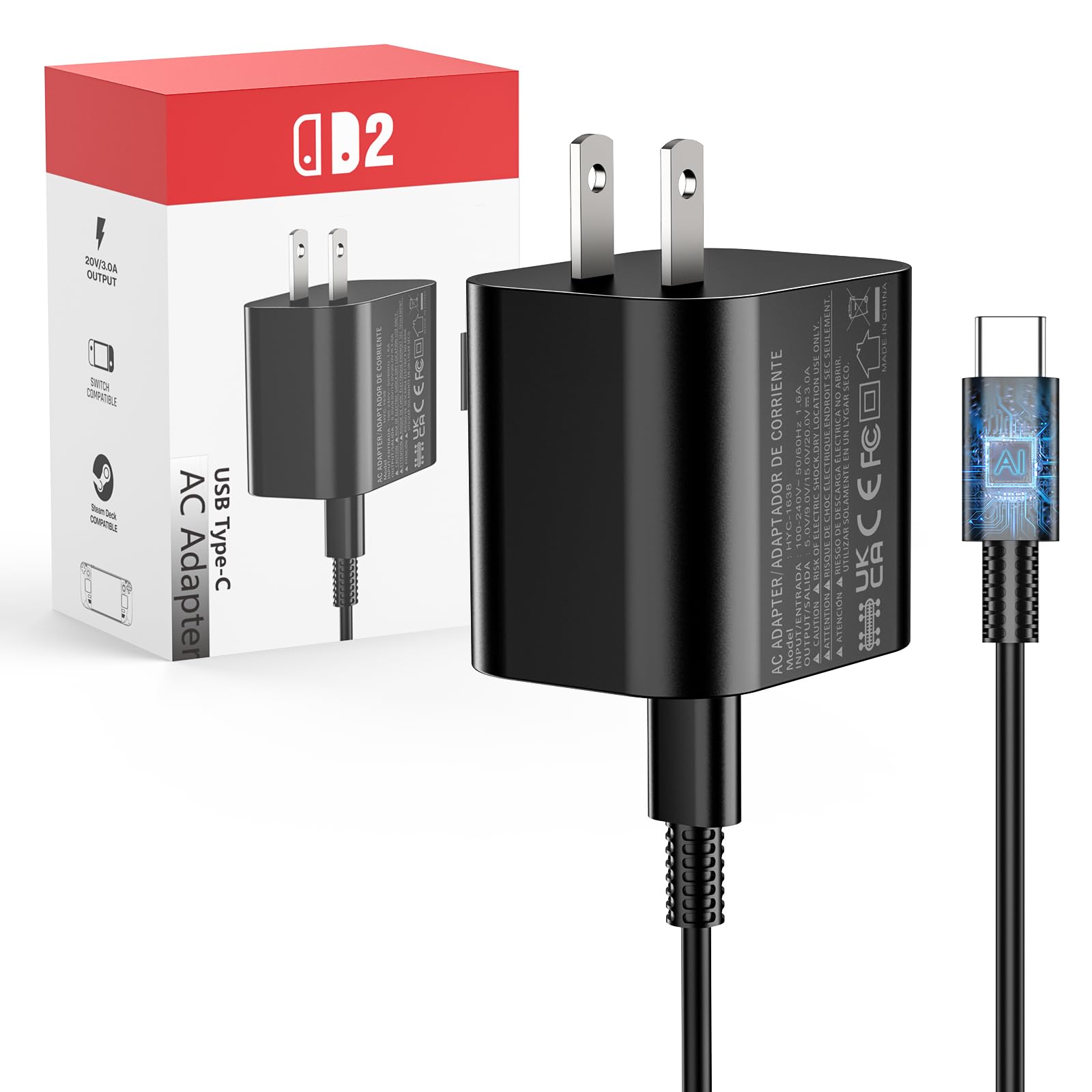 60W Charger for Nintendo Switch 2, Fast Charging USB C Cable for Switch 2 Accessories, AC Adapter with 5FT Cable Compatible with Nintendo 2,Lite,OLED,Steam Deck - Support TV Mode