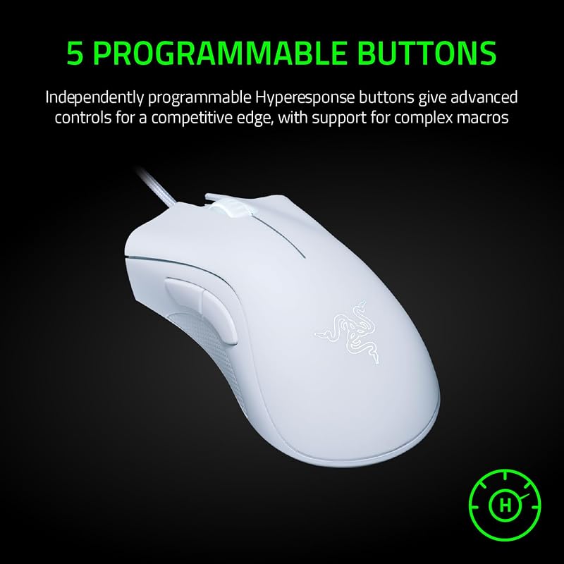 DeathAdder Essential (2021) - Mouse da Gioco Cablato con Sensore Ottico da 6400 DPI (Sensore Ottico da 6400 DPI, 5 Pulsanti Programmabili, Fattore di Forma Ergonomico) Bianco