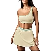 SHENHE Women's Tennis Skirt Set 2 Piece Athletic One Shoulder Workout Crop Top Tank and Golf Skort