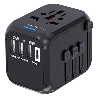 GLAMFIELDS travel adapter worldwide all in one international power adapter fast wall Charging cover 200+ countries 100V-250V (EU UK USA AU Plug) (3USB+1Type C) (1500W/6A)