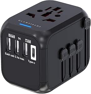 GLAMFIELDS Travel Adapter Worldwide All in one International Power Adapter Fast Wall Charging Cover 200+ Countries 100V-250V (EU UK USA AU Plug) (3USB+1Type C) (1500W/6A)
