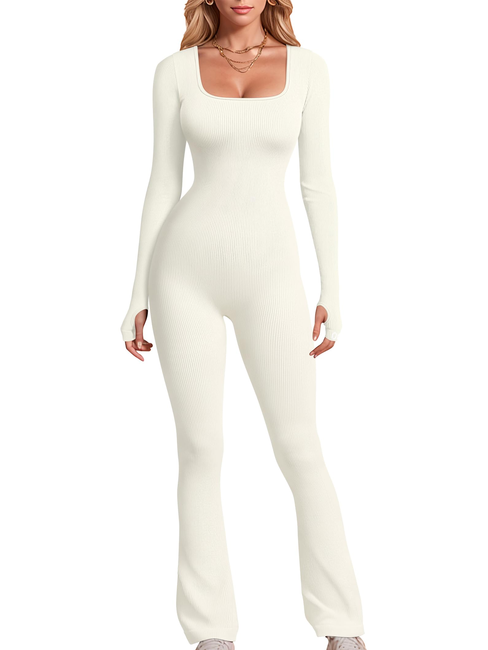 Backless solid long sleeve lace up ribbed square neck jumpsuit