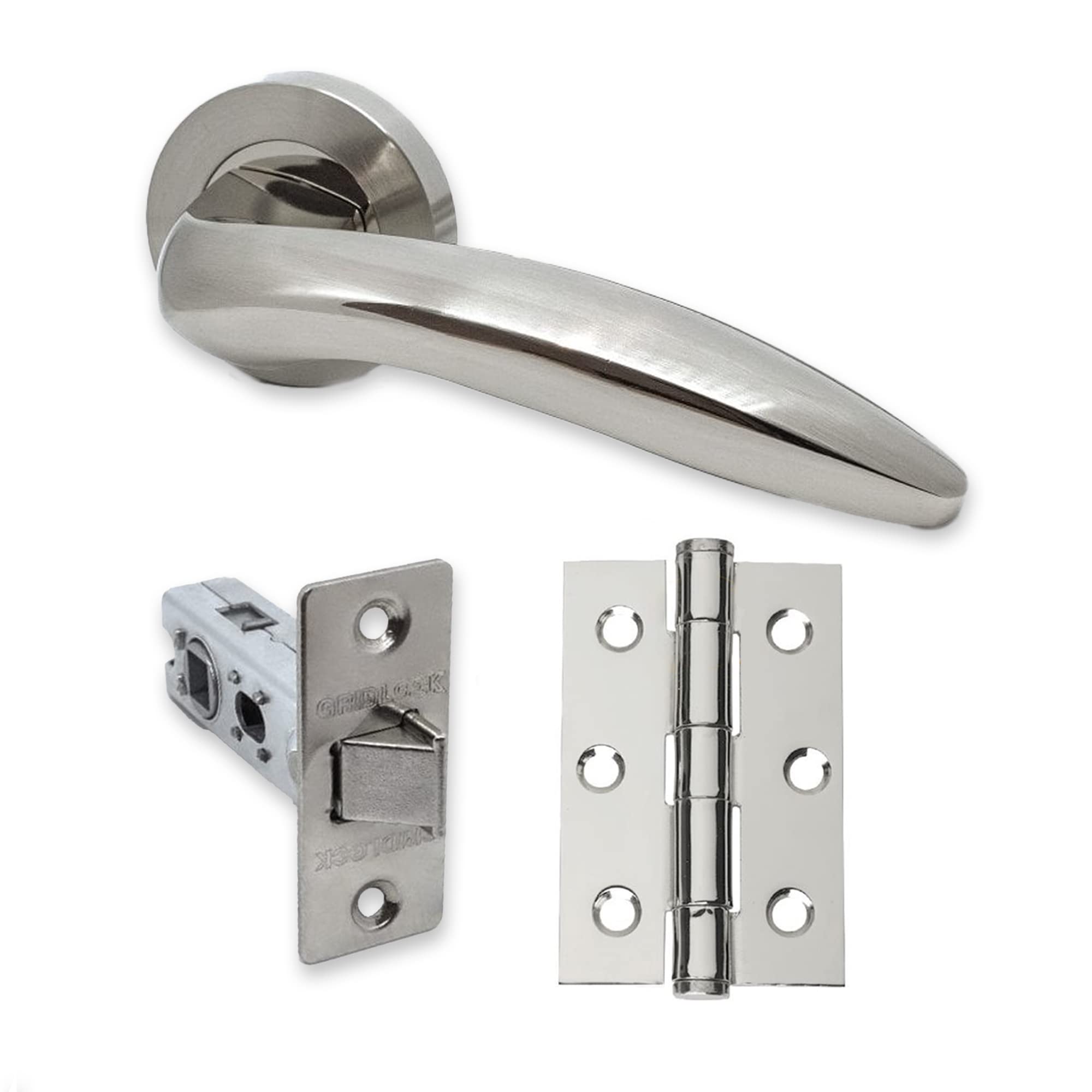 UAP Intelligent Hardware - Lancer Door Handle Pack with Hinges and Latch in Polished Chrome/Satin Nickel
