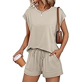 LILLUSORY Womens Crew Neck Cap Sleeve Drawstring Two Piece Summer short Sets Sweatsuit with Pockets