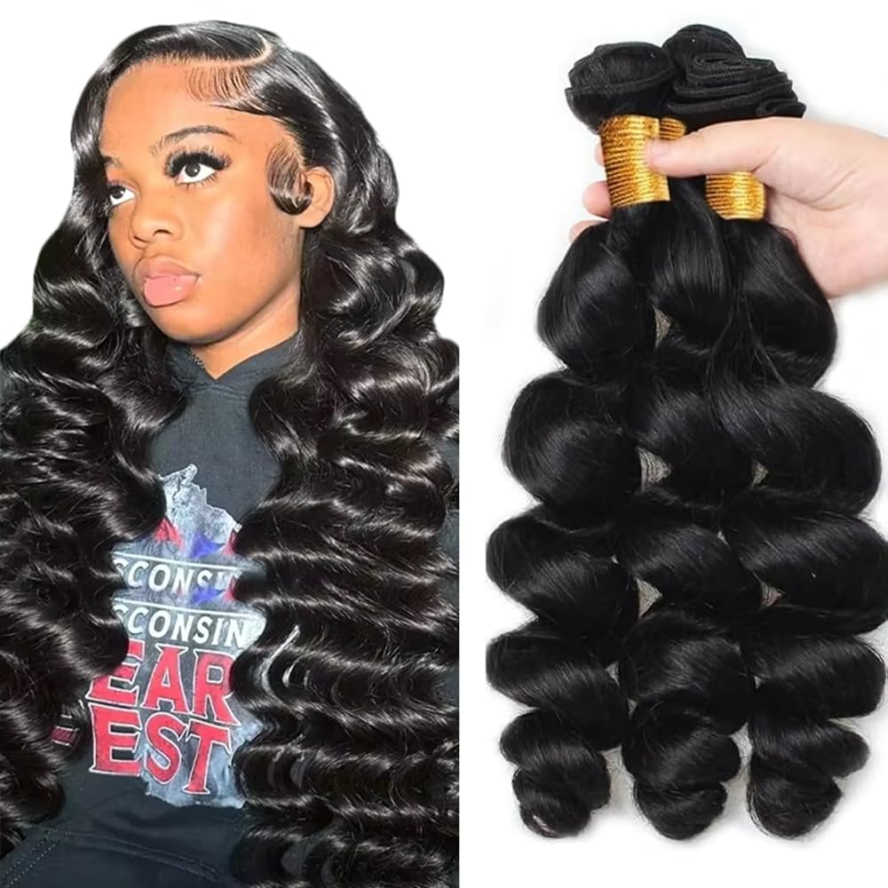 Photo 1 of #1B Human Hair Bundles Loose Wave Bundles 12 12 12 Inch Unprocessed Brazilian Virgin Hair Weave 3 Bundles Natural Black Loose Deep Wave Bundles Human Hair Extensions 50 Grams Per Bundle