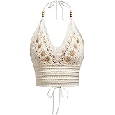 SHENHE Women's Open Back Knitted Halter Crop Top Tie Backless Embroidered Hippie Top