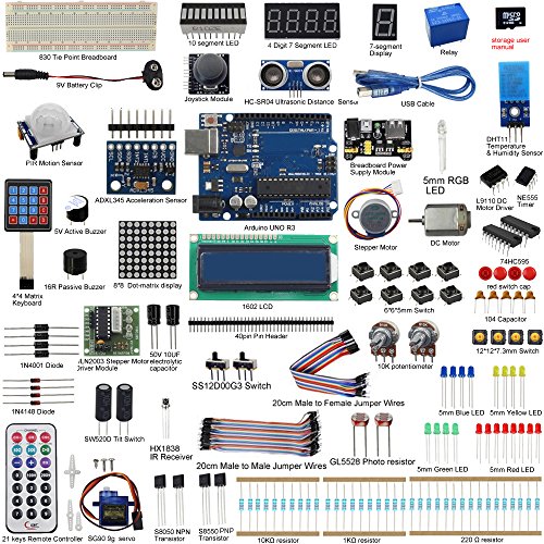 UCTRONICS UNO R3 Complete Ultimate Starter Kit for Arduino w/ Tutorial, UNO R3 Development Board, LCD1602, Servo, Stepper Motor, Joystick, 21 keys Remote Controller, PIR Motion Sensor (190 Items)