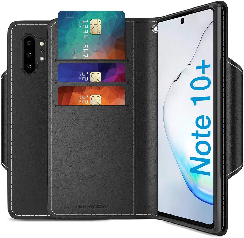 Maxboost mWallet Designed for Galaxy Note 10 Plus/Note 10 Plus 5G Case - Premium Note10+ / Note10+ 5G Wallet Case Credit Card Holder [Black] PU Leather Wallet + Side Pocket Magnetic Closure