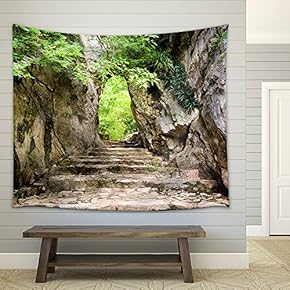 Scenic Stone Stairs Leading Up to Gate in Rocks Among Green Foliage - Fabric Wall Tapestry Home Decor - 51x60 inches
