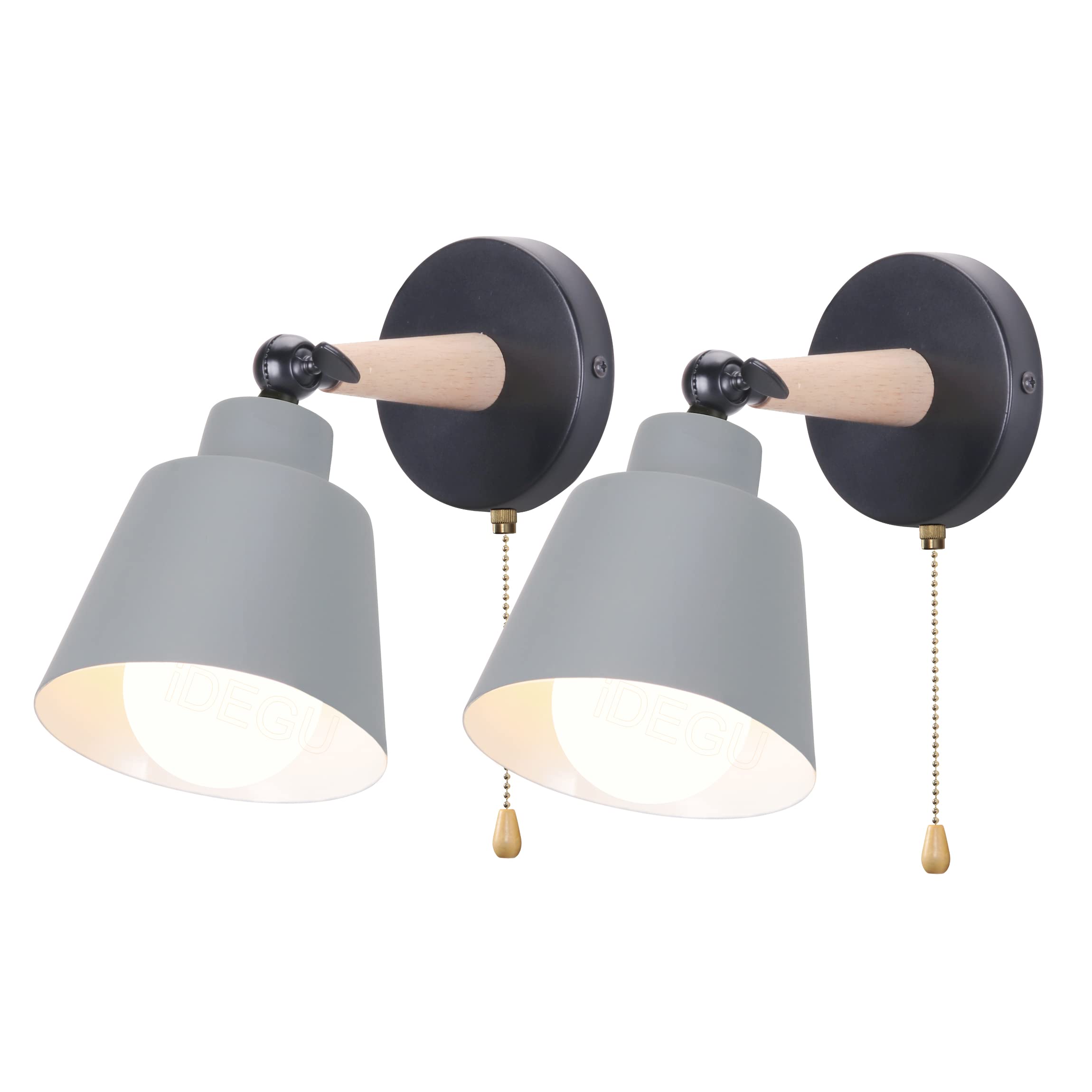 iDEGU Set of 2 Retro Vintage Wall Sconces E27 Industrial Ceiling Light in Wood and Metal Adjustable Interior Wall Lamp with Switch Modern Light for Bedroom Entrance Living Room (Grey)