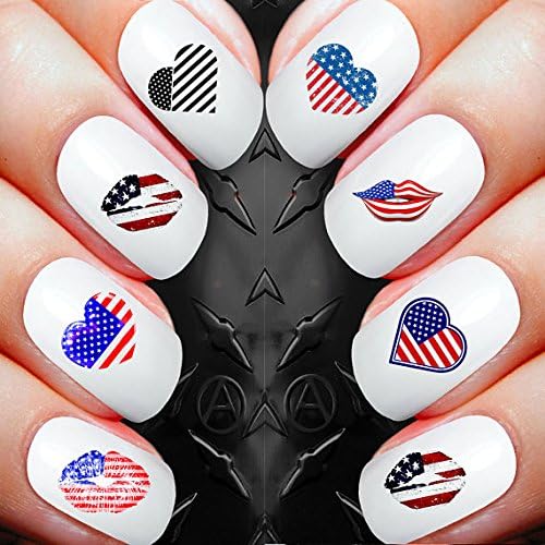 Nail Decals x 30 nail art set waterslide nail decals - American hearts and kisses 4th july celebrations Assortment! - Salon Quality Nail Decals