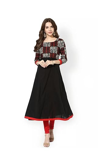 Women's Black Cotton Anarkali Kurti