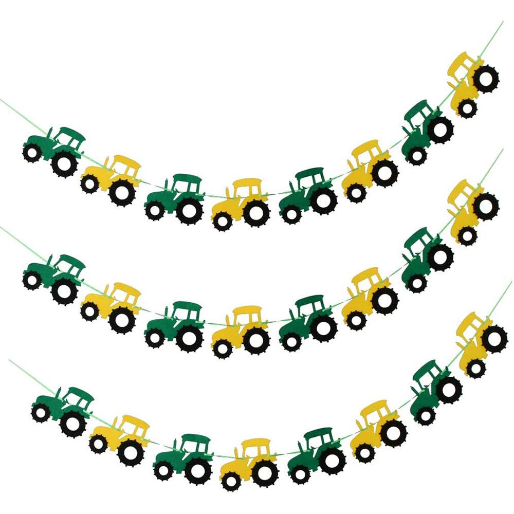 POFET 3pcs Cool Tractor Car Design Felt Bunting Banner Garland Sign Baby Shower Boy Birthday Party Indoor Outdoor Décor