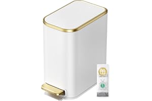 Cesun Small Bathroom Trash Can with Lid Soft Close, 5 Liter/1.3 Gallon Stainless Steel Garbage Can with Removable Inner Bucket, Step Pedal, Slim Waste Basket for Toilet, Office, Bedroom (White&Gold)