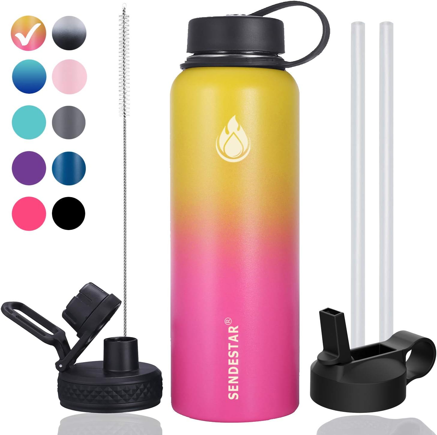 Sendestar32 oz Double Wall Vacuum Insulated Leak Proof Stainless Steel Sports Water Bottle—Wide Mouth with Straw Lid & Flex Cap & Spout Lid (Yellow/Pink)