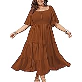 SCOMCHIC Women's Plus Size Flowy Maxi Dress Flutter Short Sleeve Boho Dress Square Neck Smocked Formal Dresses for Women