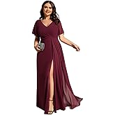 Ever-Pretty Plus Women's Plus Size Formal Dress V Neck Chiffon Ruffles Sleeves Long Bridesmaid Dresses with Side Slit